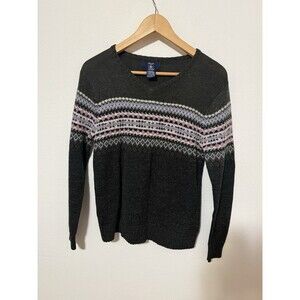 Vintage Hunt Club Wool Blend Fair Isle V-Neck Sweater Medium Hong Kong Dark Grey